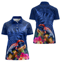 New Zealand Tuatara Women Polo Shirt Silver Fern Hibiscus and Tribal Maori Pattern Blue Color LT03 - Polynesian Pride