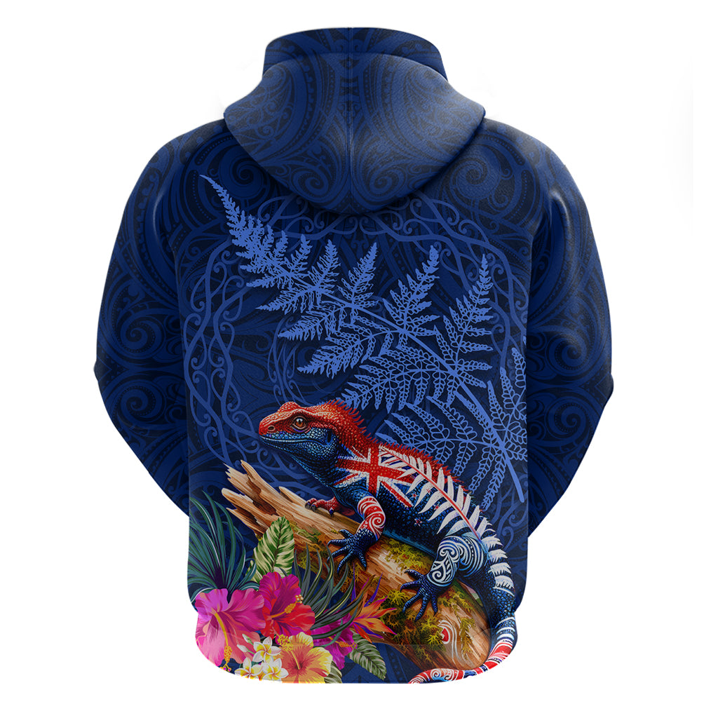 New Zealand Tuatara Zip Hoodie Silver Fern Hibiscus and Tribal Maori Pattern Blue Color LT03 - Polynesian Pride