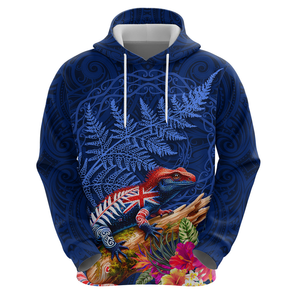New Zealand Tuatara Zip Hoodie Silver Fern Hibiscus and Tribal Maori Pattern Blue Color LT03 - Polynesian Pride