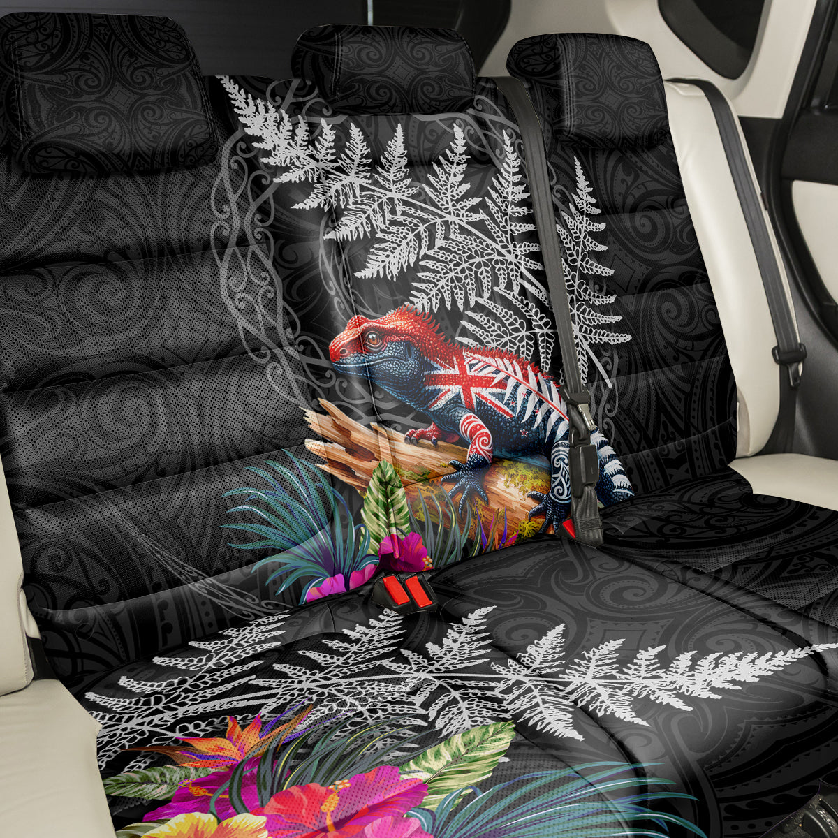 New Zealand Tuatara Back Car Seat Cover Silver Fern Hibiscus and Tribal Maori Pattern Black Color LT03 - Polynesian Pride