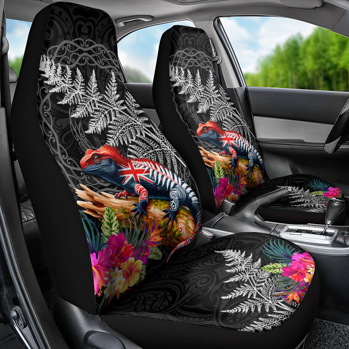 New Zealand Tuatara Car Seat Cover Silver Fern Hibiscus and Tribal Maori Pattern Black Color LT03 - Polynesian Pride