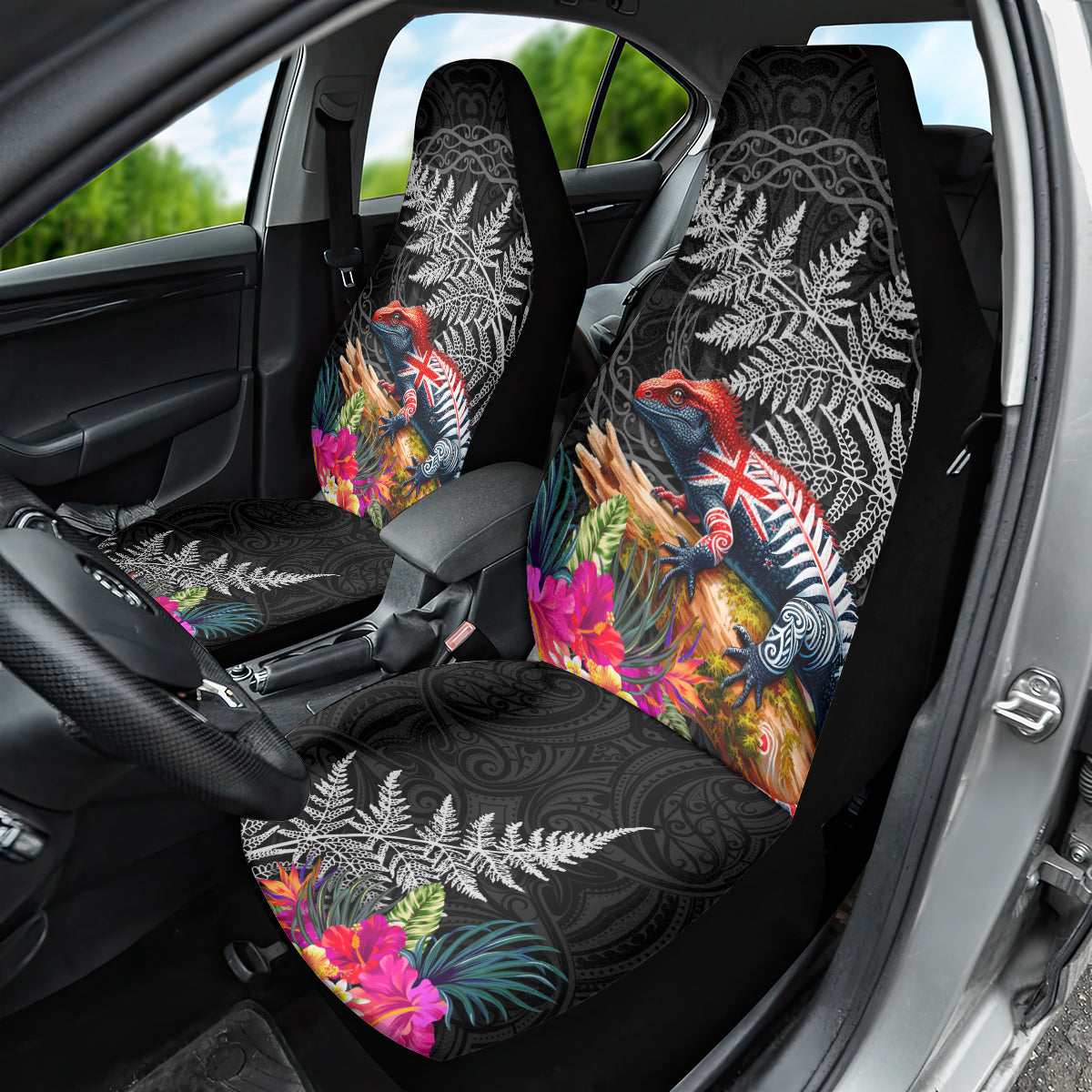 New Zealand Tuatara Car Seat Cover Silver Fern Hibiscus and Tribal Maori Pattern Black Color LT03 - Polynesian Pride