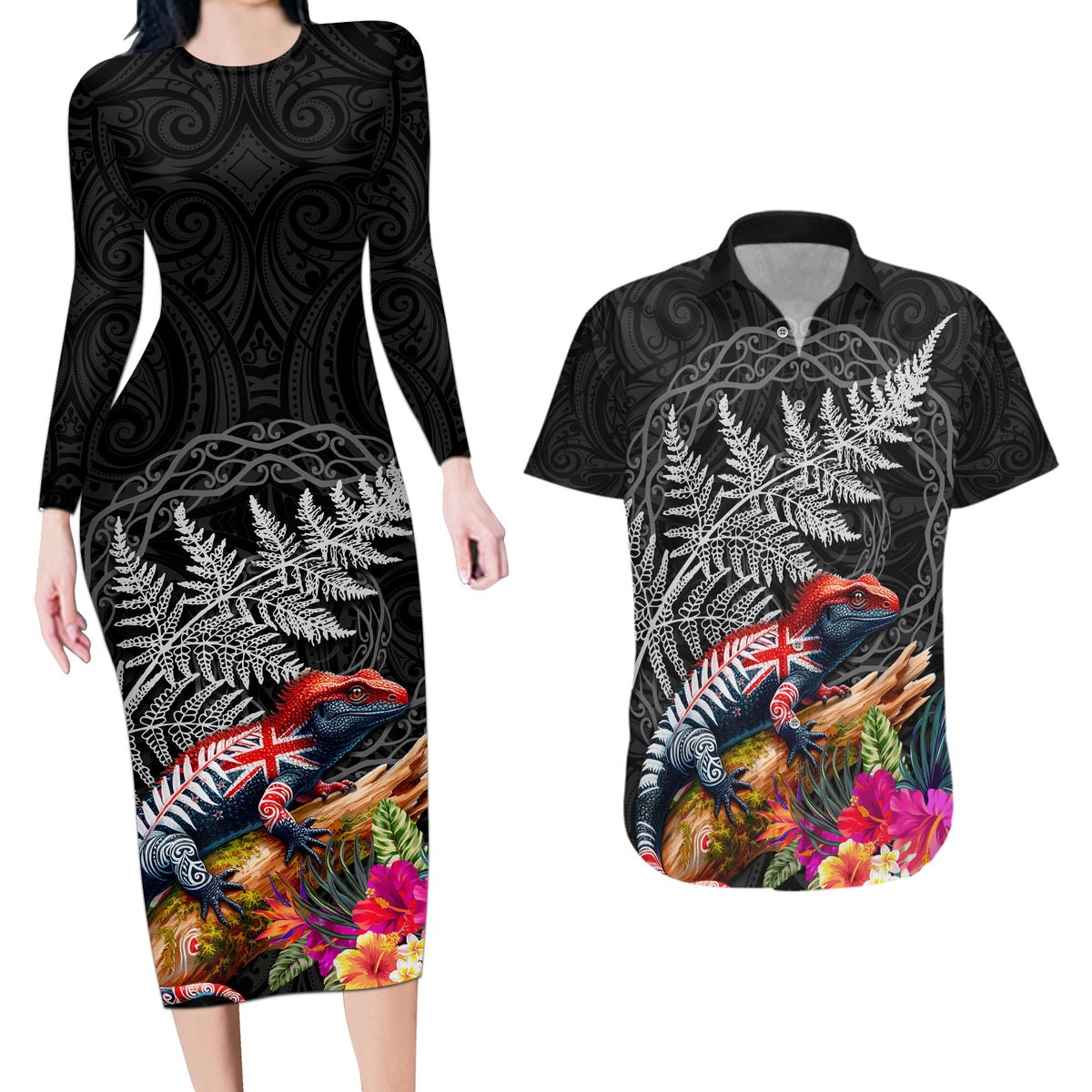 New Zealand Tuatara Couples Matching Long Sleeve Bodycon Dress and Hawaiian Shirt Silver Fern Hibiscus and Tribal Maori Pattern Black Color LT03 Black - Polynesian Pride