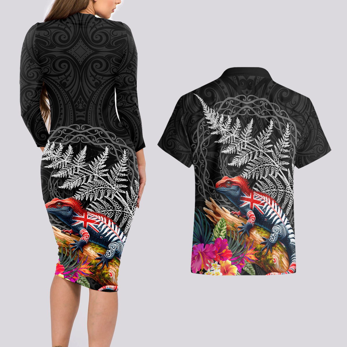 New Zealand Tuatara Couples Matching Long Sleeve Bodycon Dress and Hawaiian Shirt Silver Fern Hibiscus and Tribal Maori Pattern Black Color LT03 - Polynesian Pride