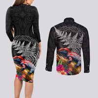 New Zealand Tuatara Couples Matching Long Sleeve Bodycon Dress and Long Sleeve Button Shirt Silver Fern Hibiscus and Tribal Maori Pattern Black Color LT03 - Polynesian Pride