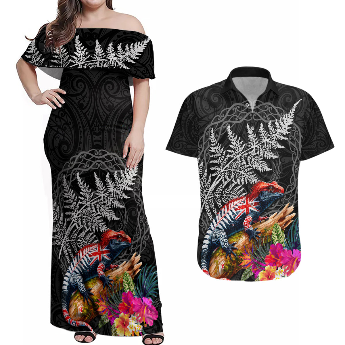 New Zealand Tuatara Couples Matching Off Shoulder Maxi Dress and Hawaiian Shirt Silver Fern Hibiscus and Tribal Maori Pattern Black Color LT03 Black - Polynesian Pride