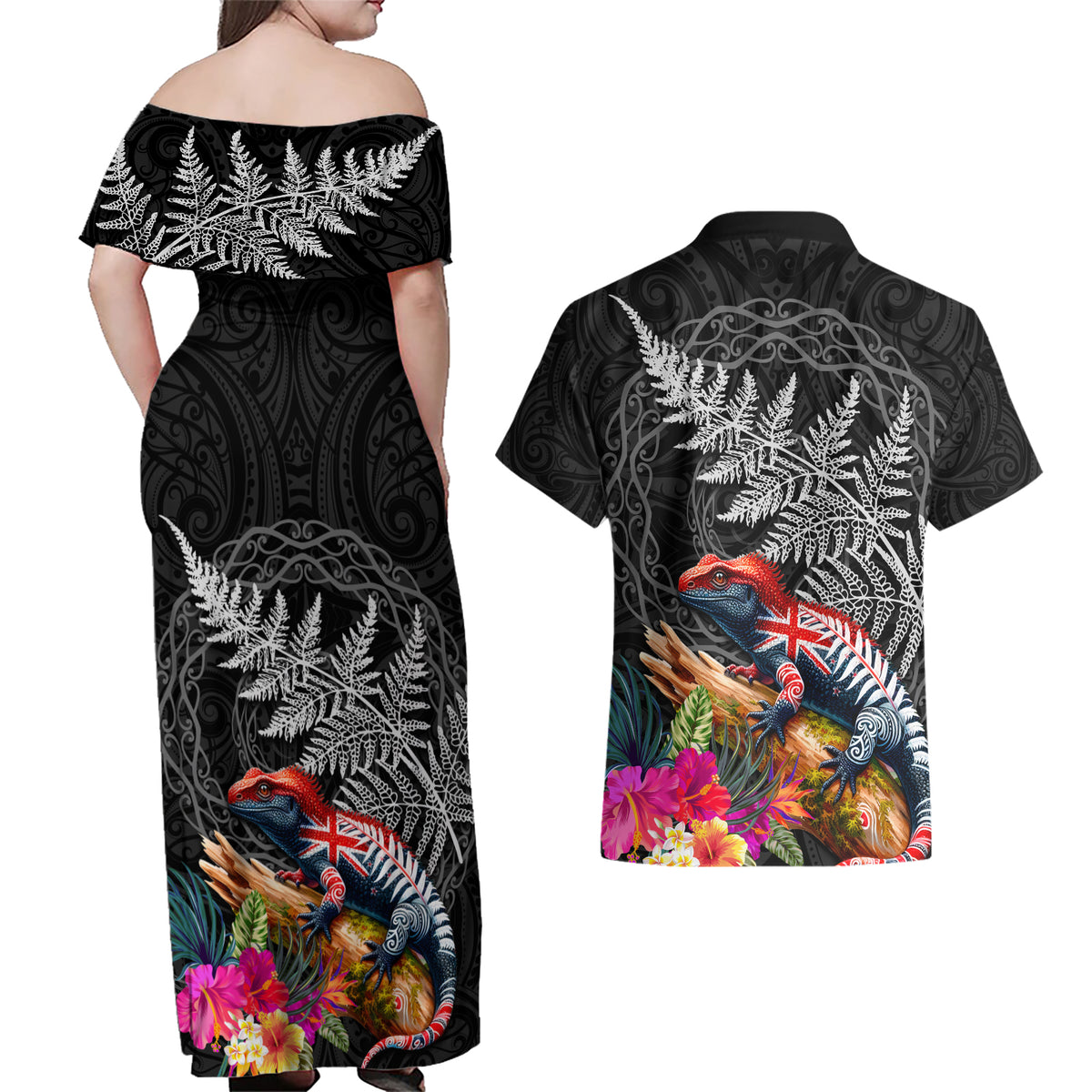 New Zealand Tuatara Couples Matching Off Shoulder Maxi Dress and Hawaiian Shirt Silver Fern Hibiscus and Tribal Maori Pattern Black Color LT03 - Polynesian Pride