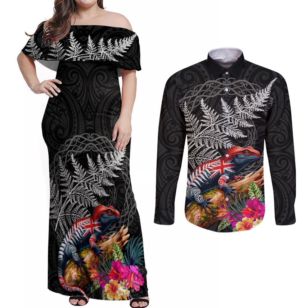 New Zealand Tuatara Couples Matching Off Shoulder Maxi Dress and Long Sleeve Button Shirt Silver Fern Hibiscus and Tribal Maori Pattern Black Color LT03 Black - Polynesian Pride