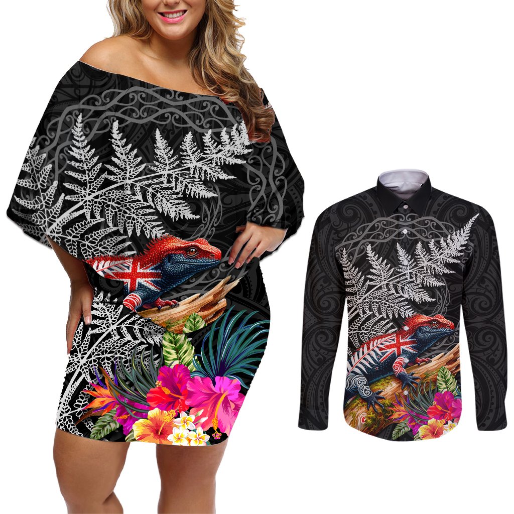 New Zealand Tuatara Couples Matching Off Shoulder Short Dress and Long Sleeve Button Shirt Silver Fern Hibiscus and Tribal Maori Pattern Black Color LT03 Black - Polynesian Pride