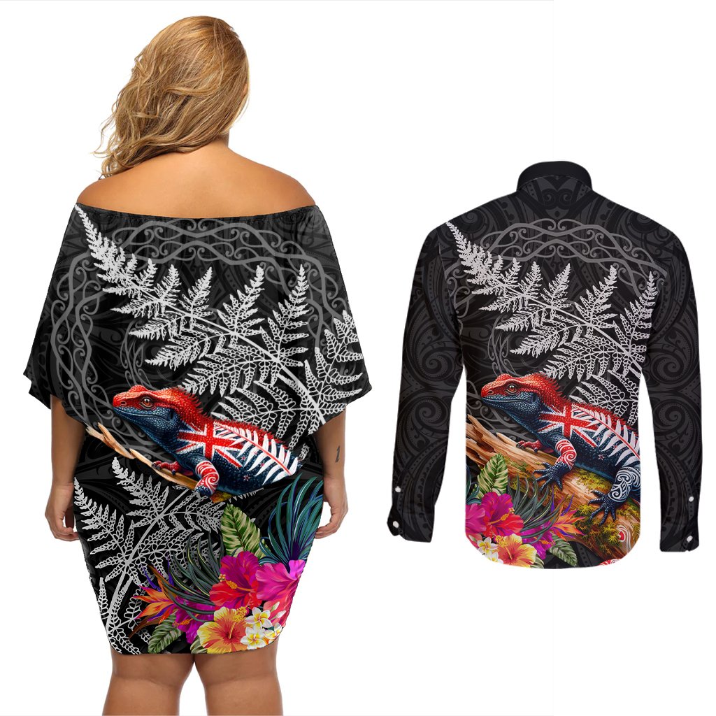 New Zealand Tuatara Couples Matching Off Shoulder Short Dress and Long Sleeve Button Shirt Silver Fern Hibiscus and Tribal Maori Pattern Black Color LT03 - Polynesian Pride