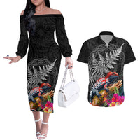 New Zealand Tuatara Couples Matching Off The Shoulder Long Sleeve Dress and Hawaiian Shirt Silver Fern Hibiscus and Tribal Maori Pattern Black Color LT03 Black - Polynesian Pride