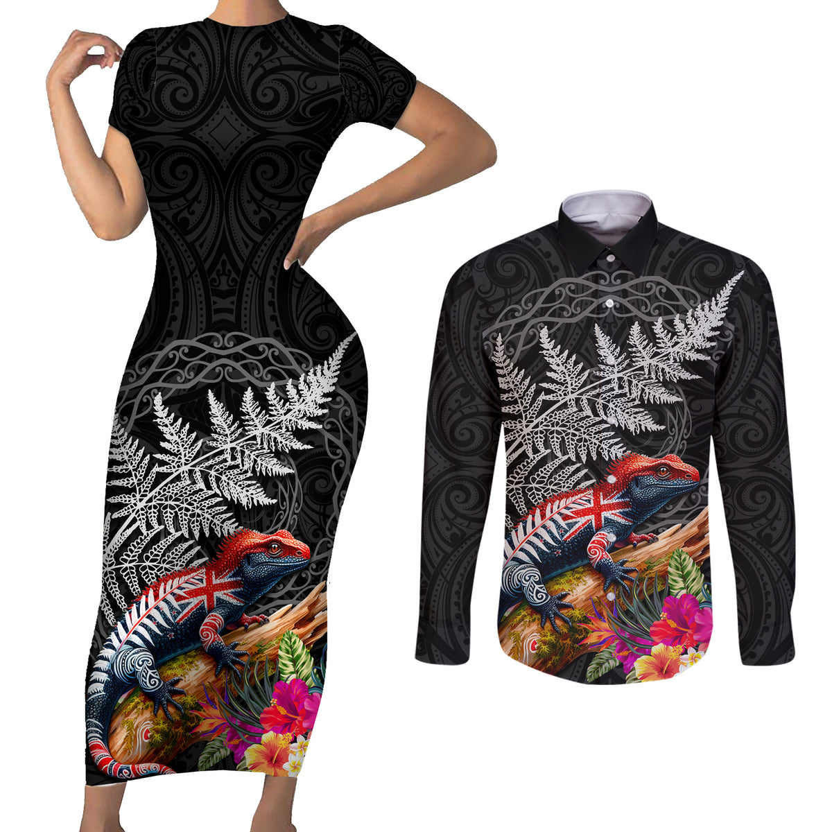 New Zealand Tuatara Couples Matching Short Sleeve Bodycon Dress and Long Sleeve Button Shirt Silver Fern Hibiscus and Tribal Maori Pattern Black Color LT03 Black - Polynesian Pride