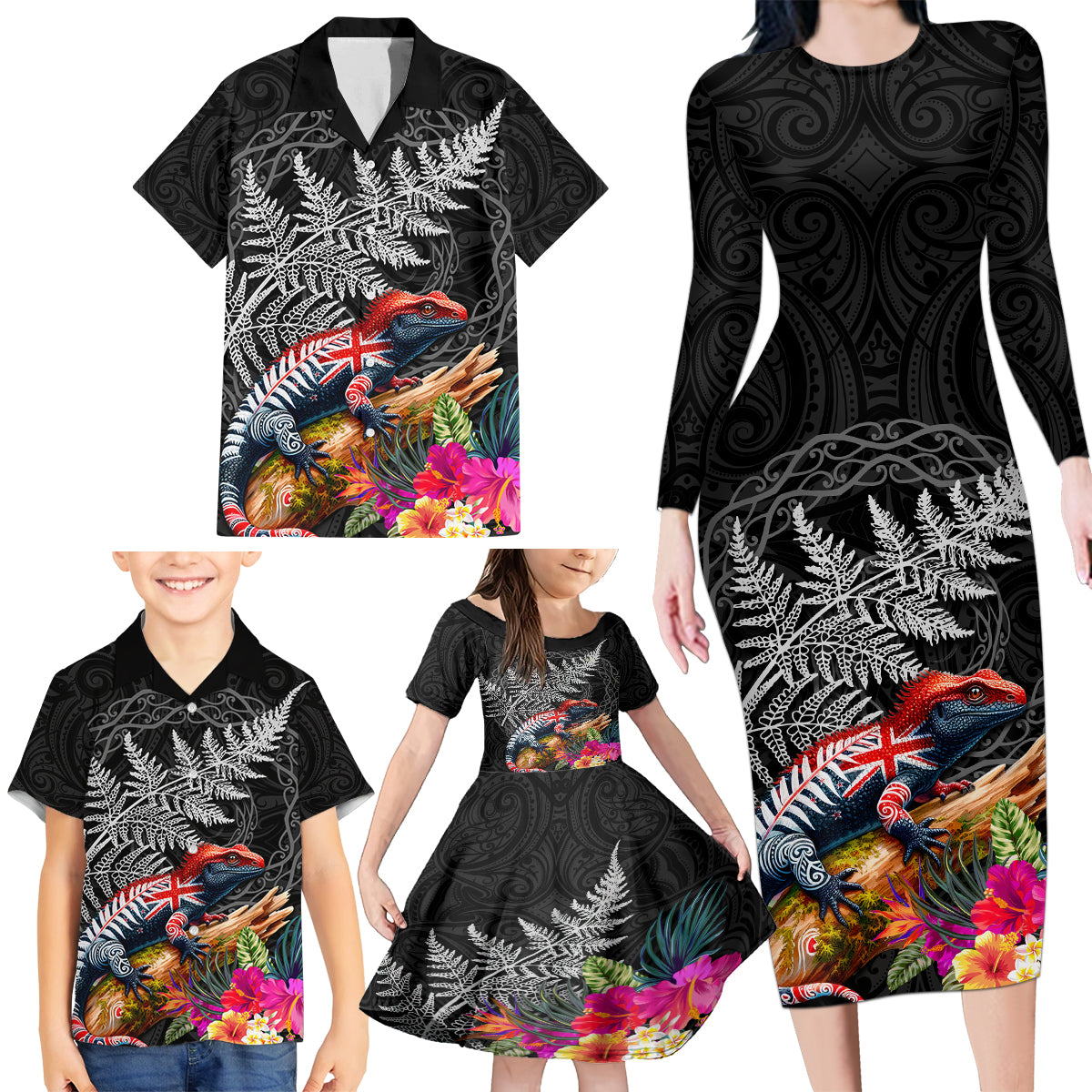 New Zealand Tuatara Family Matching Long Sleeve Bodycon Dress and Hawaiian Shirt Silver Fern Hibiscus and Tribal Maori Pattern Black Color LT03 - Polynesian Pride