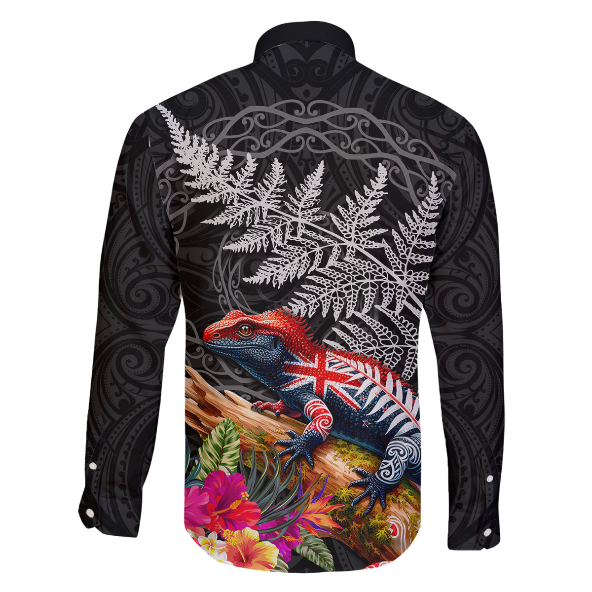 New Zealand Tuatara Family Matching Long Sleeve Bodycon Dress and Hawaiian Shirt Silver Fern Hibiscus and Tribal Maori Pattern Black Color LT03 - Polynesian Pride