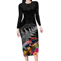 New Zealand Tuatara Family Matching Long Sleeve Bodycon Dress and Hawaiian Shirt Silver Fern Hibiscus and Tribal Maori Pattern Black Color LT03 Mom's Dress Black - Polynesian Pride