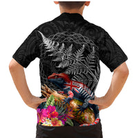 New Zealand Tuatara Family Matching Mermaid Dress and Hawaiian Shirt Silver Fern Hibiscus and Tribal Maori Pattern Black Color LT03 - Polynesian Pride