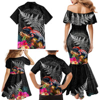 New Zealand Tuatara Family Matching Mermaid Dress and Hawaiian Shirt Silver Fern Hibiscus and Tribal Maori Pattern Black Color LT03 - Polynesian Pride