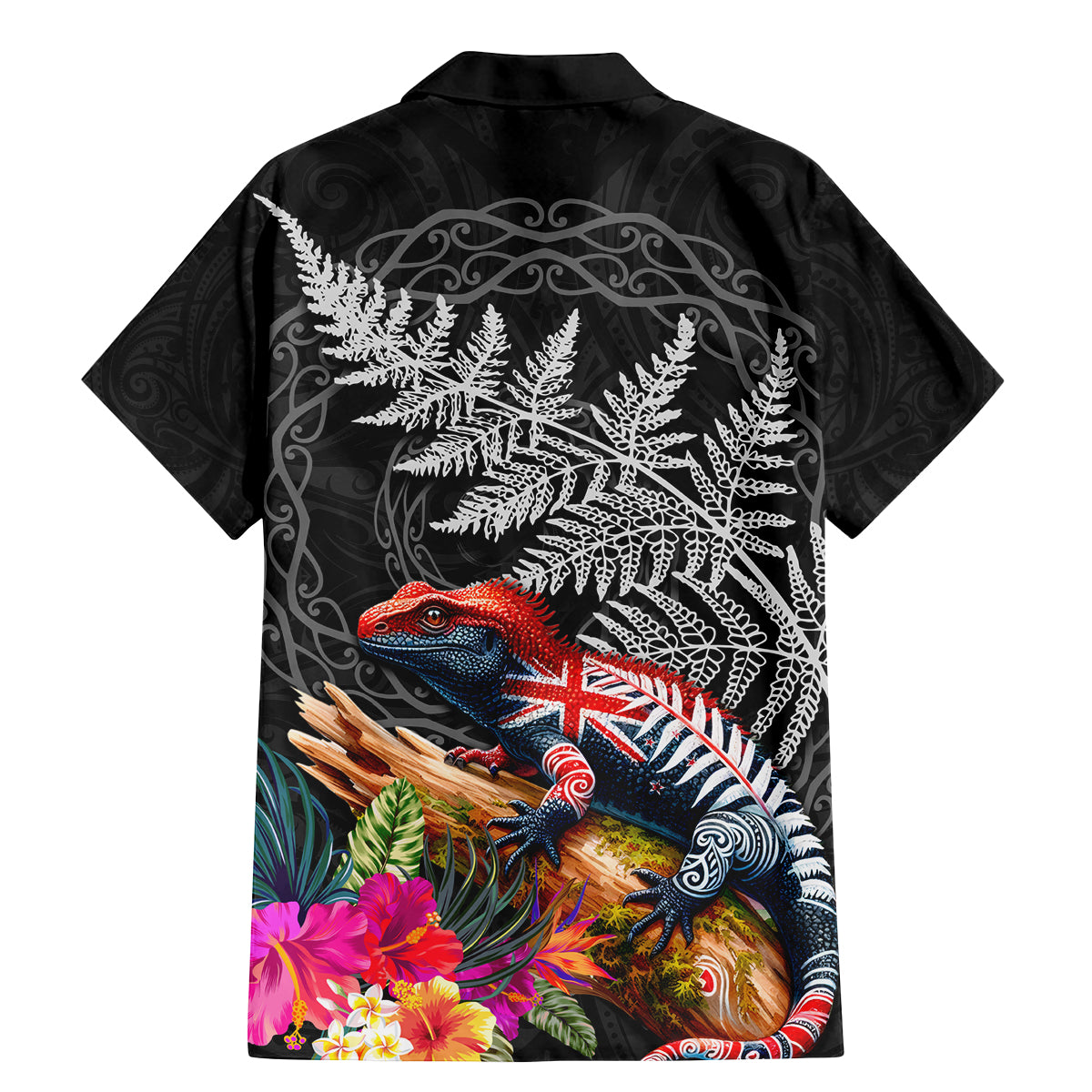 New Zealand Tuatara Family Matching Mermaid Dress and Hawaiian Shirt Silver Fern Hibiscus and Tribal Maori Pattern Black Color LT03 - Polynesian Pride
