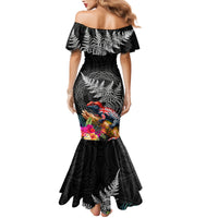 New Zealand Tuatara Family Matching Mermaid Dress and Hawaiian Shirt Silver Fern Hibiscus and Tribal Maori Pattern Black Color LT03 - Polynesian Pride