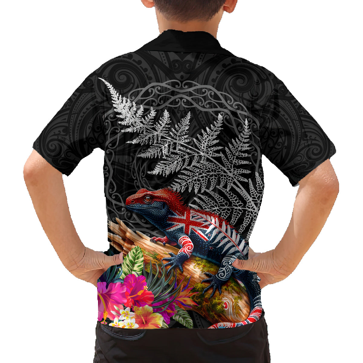 New Zealand Tuatara Family Matching Off The Shoulder Long Sleeve Dress and Hawaiian Shirt Silver Fern Hibiscus and Tribal Maori Pattern Black Color LT03 - Polynesian Pride