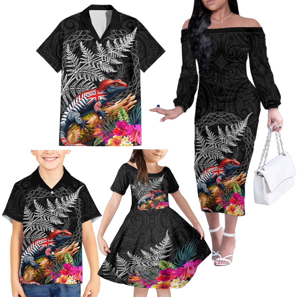 New Zealand Tuatara Family Matching Off The Shoulder Long Sleeve Dress and Hawaiian Shirt Silver Fern Hibiscus and Tribal Maori Pattern Black Color LT03 - Polynesian Pride