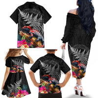 New Zealand Tuatara Family Matching Off The Shoulder Long Sleeve Dress and Hawaiian Shirt Silver Fern Hibiscus and Tribal Maori Pattern Black Color LT03 - Polynesian Pride