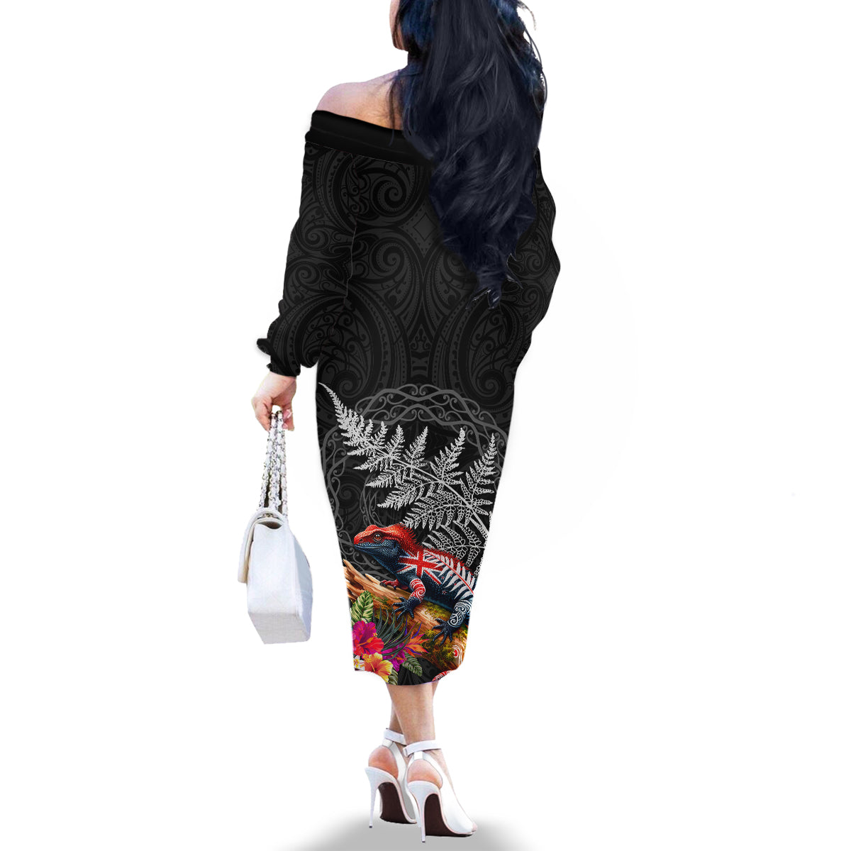 New Zealand Tuatara Family Matching Off The Shoulder Long Sleeve Dress and Hawaiian Shirt Silver Fern Hibiscus and Tribal Maori Pattern Black Color LT03 - Polynesian Pride