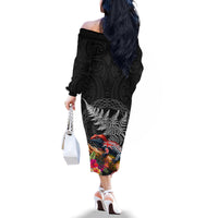 New Zealand Tuatara Family Matching Off The Shoulder Long Sleeve Dress and Hawaiian Shirt Silver Fern Hibiscus and Tribal Maori Pattern Black Color LT03 - Polynesian Pride