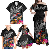 New Zealand Tuatara Family Matching Off Shoulder Maxi Dress and Hawaiian Shirt Silver Fern Hibiscus and Tribal Maori Pattern Black Color LT03 - Polynesian Pride