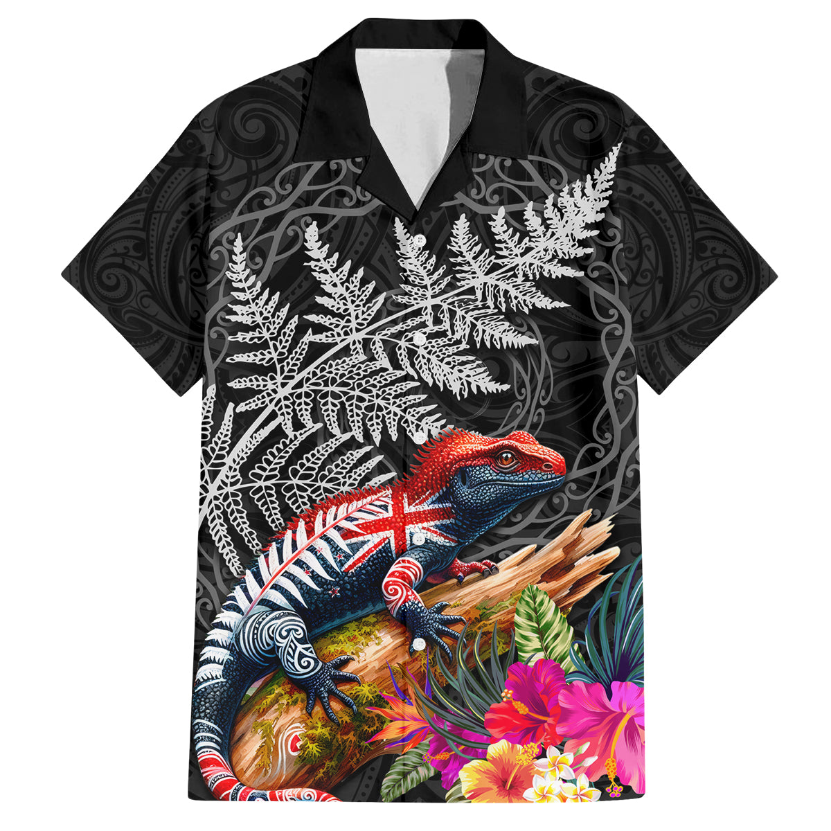 New Zealand Tuatara Family Matching Off Shoulder Maxi Dress and Hawaiian Shirt Silver Fern Hibiscus and Tribal Maori Pattern Black Color LT03 Dad's Shirt - Short Sleeve Black - Polynesian Pride
