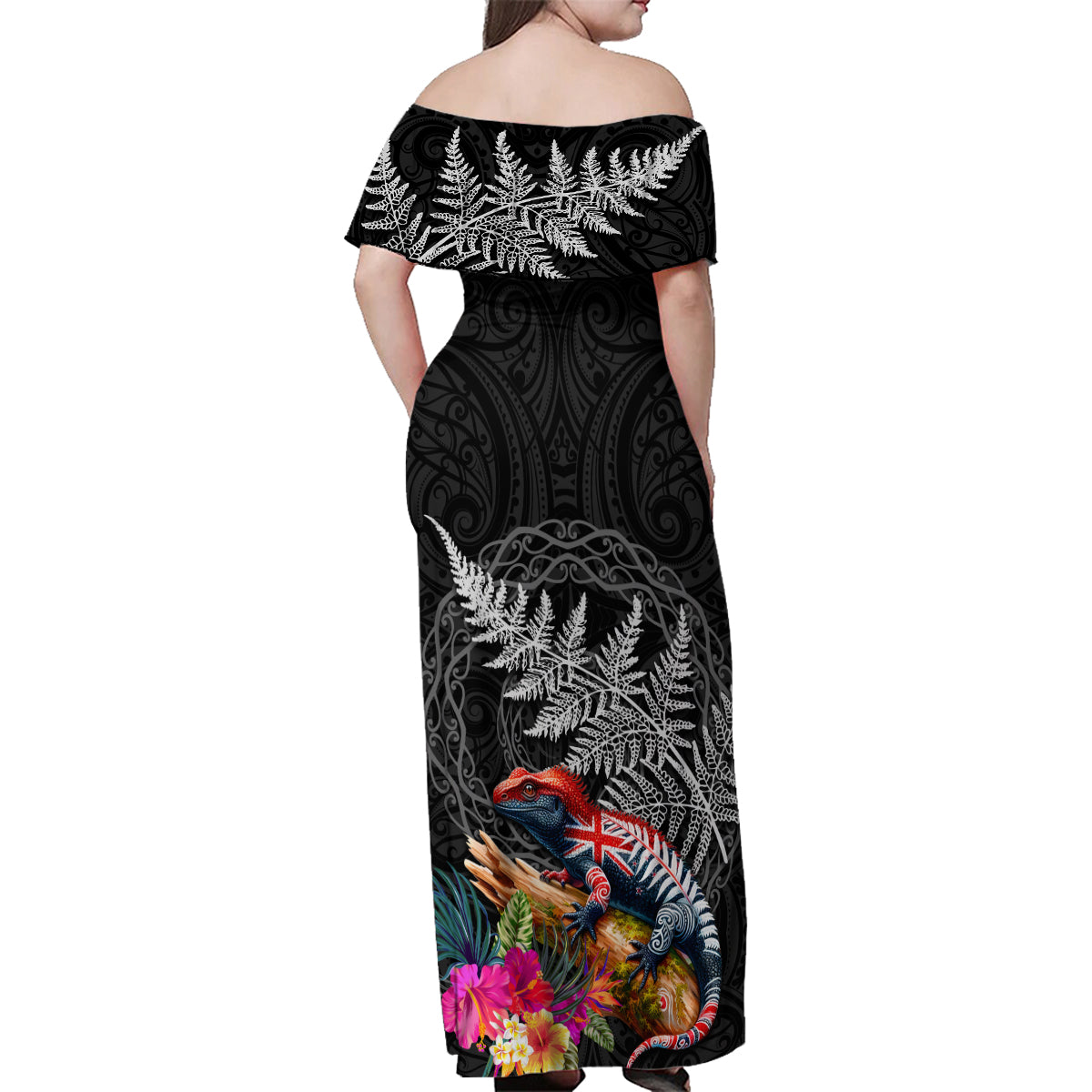 New Zealand Tuatara Family Matching Off Shoulder Maxi Dress and Hawaiian Shirt Silver Fern Hibiscus and Tribal Maori Pattern Black Color LT03 - Polynesian Pride