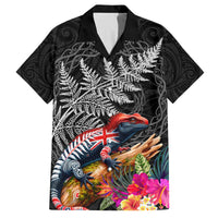 New Zealand Tuatara Family Matching Off Shoulder Short Dress and Hawaiian Shirt Silver Fern Hibiscus and Tribal Maori Pattern Black Color LT03 Dad's Shirt - Short Sleeve Black - Polynesian Pride