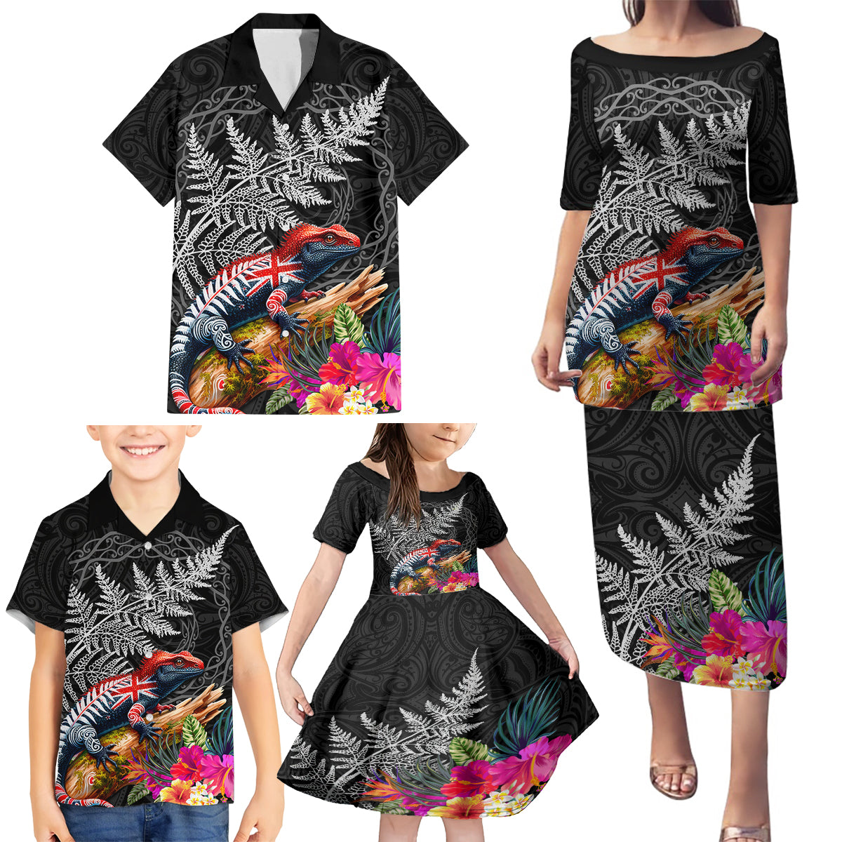 New Zealand Tuatara Family Matching Puletasi and Hawaiian Shirt Silver Fern Hibiscus and Tribal Maori Pattern Black Color LT03 - Polynesian Pride