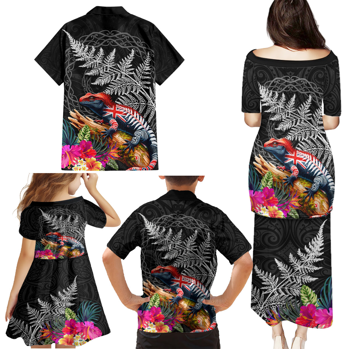 New Zealand Tuatara Family Matching Puletasi and Hawaiian Shirt Silver Fern Hibiscus and Tribal Maori Pattern Black Color LT03 - Polynesian Pride