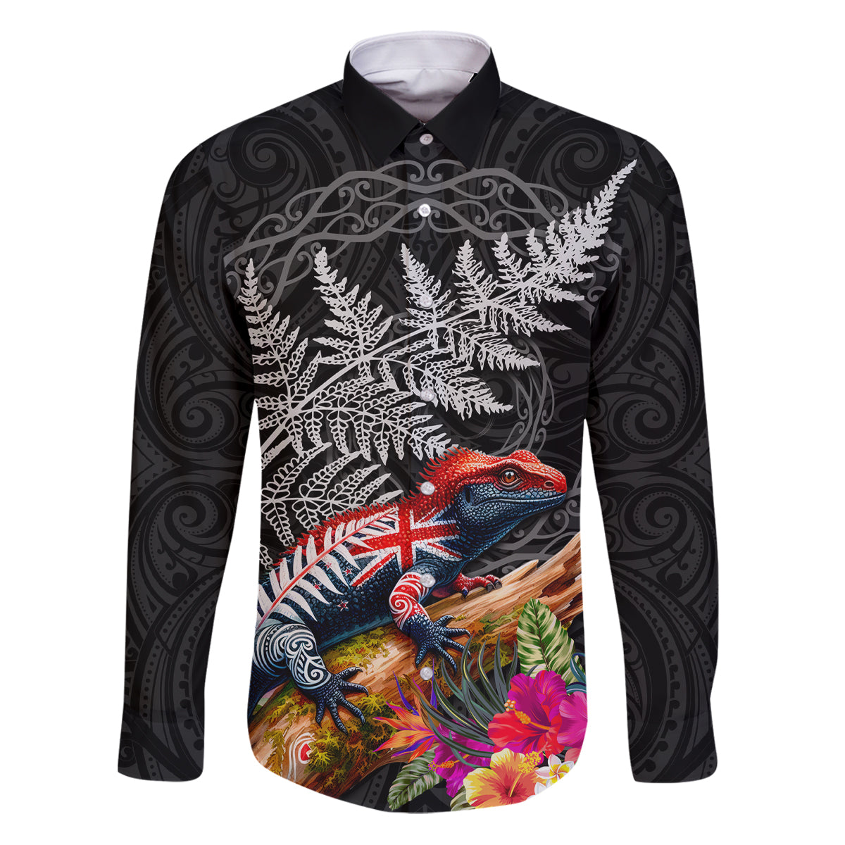 New Zealand Tuatara Family Matching Puletasi and Hawaiian Shirt Silver Fern Hibiscus and Tribal Maori Pattern Black Color LT03 Dad's Shirt - Long Sleeve Black - Polynesian Pride