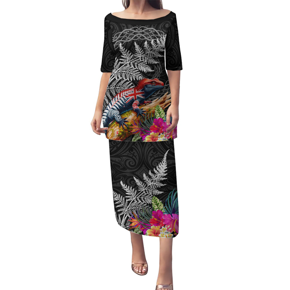 New Zealand Tuatara Family Matching Puletasi and Hawaiian Shirt Silver Fern Hibiscus and Tribal Maori Pattern Black Color LT03 Mom's Dress Black - Polynesian Pride