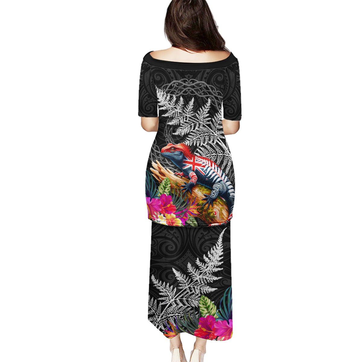 New Zealand Tuatara Family Matching Puletasi and Hawaiian Shirt Silver Fern Hibiscus and Tribal Maori Pattern Black Color LT03 - Polynesian Pride