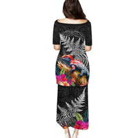 New Zealand Tuatara Family Matching Puletasi and Hawaiian Shirt Silver Fern Hibiscus and Tribal Maori Pattern Black Color LT03 - Polynesian Pride
