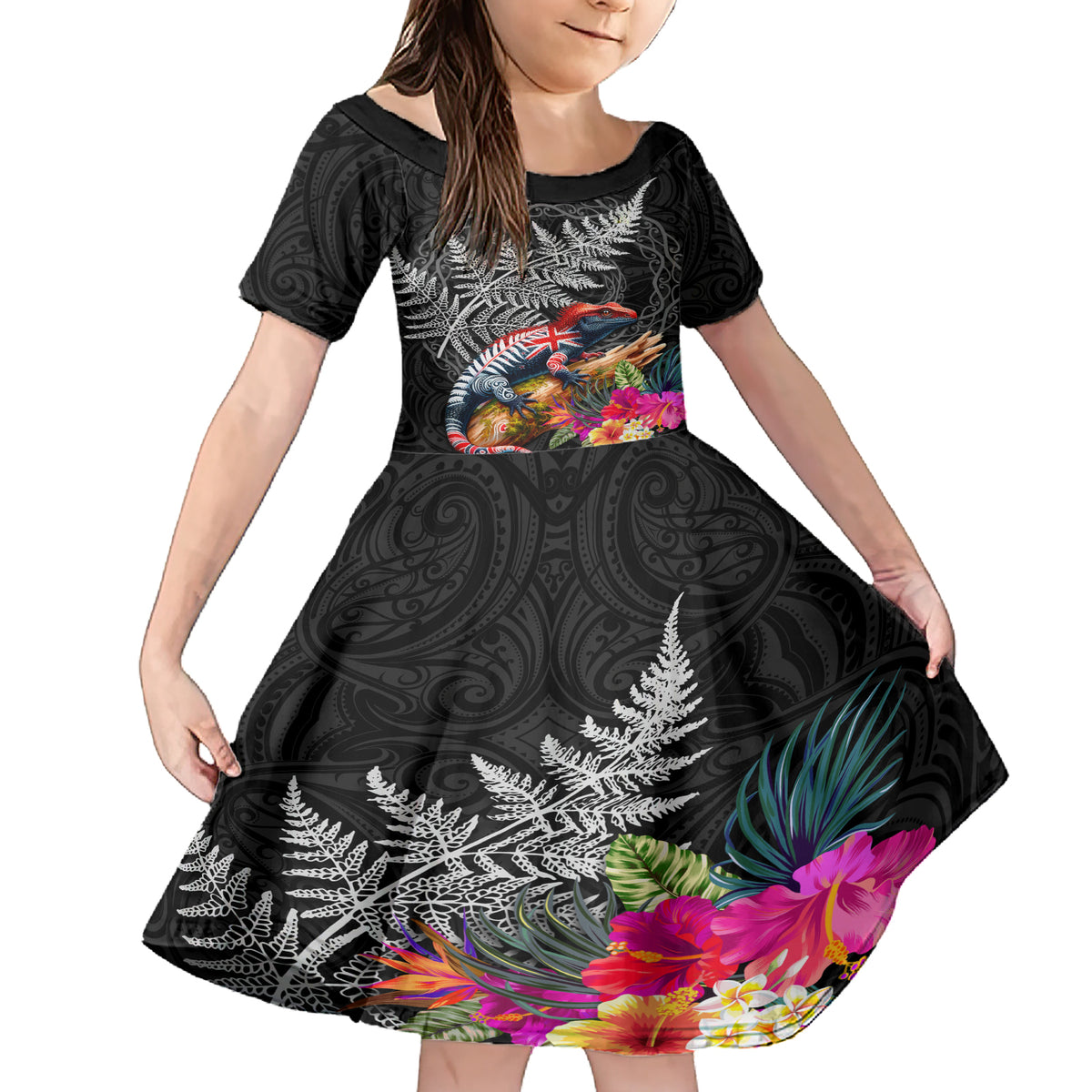 New Zealand Tuatara Family Matching Short Sleeve Bodycon Dress and Hawaiian Shirt Silver Fern Hibiscus and Tribal Maori Pattern Black Color LT03 Daughter's Dress Black - Polynesian Pride