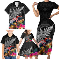 New Zealand Tuatara Family Matching Short Sleeve Bodycon Dress and Hawaiian Shirt Silver Fern Hibiscus and Tribal Maori Pattern Black Color LT03 - Polynesian Pride