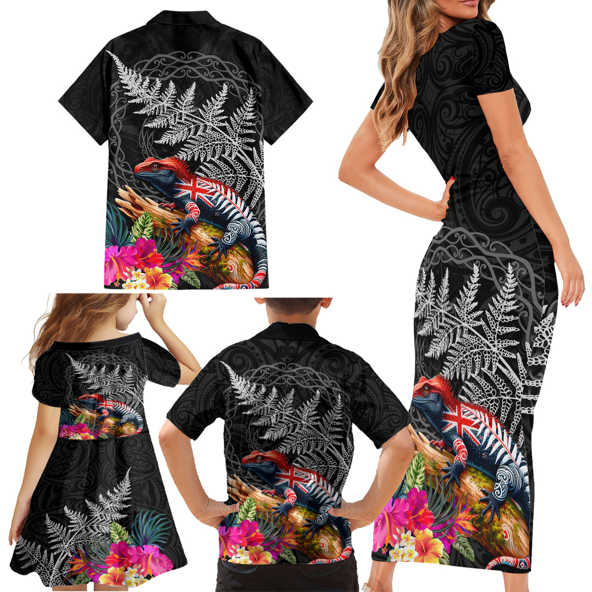 New Zealand Tuatara Family Matching Short Sleeve Bodycon Dress and Hawaiian Shirt Silver Fern Hibiscus and Tribal Maori Pattern Black Color LT03 - Polynesian Pride