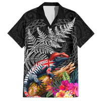 New Zealand Tuatara Family Matching Short Sleeve Bodycon Dress and Hawaiian Shirt Silver Fern Hibiscus and Tribal Maori Pattern Black Color LT03 Dad's Shirt - Short Sleeve Black - Polynesian Pride