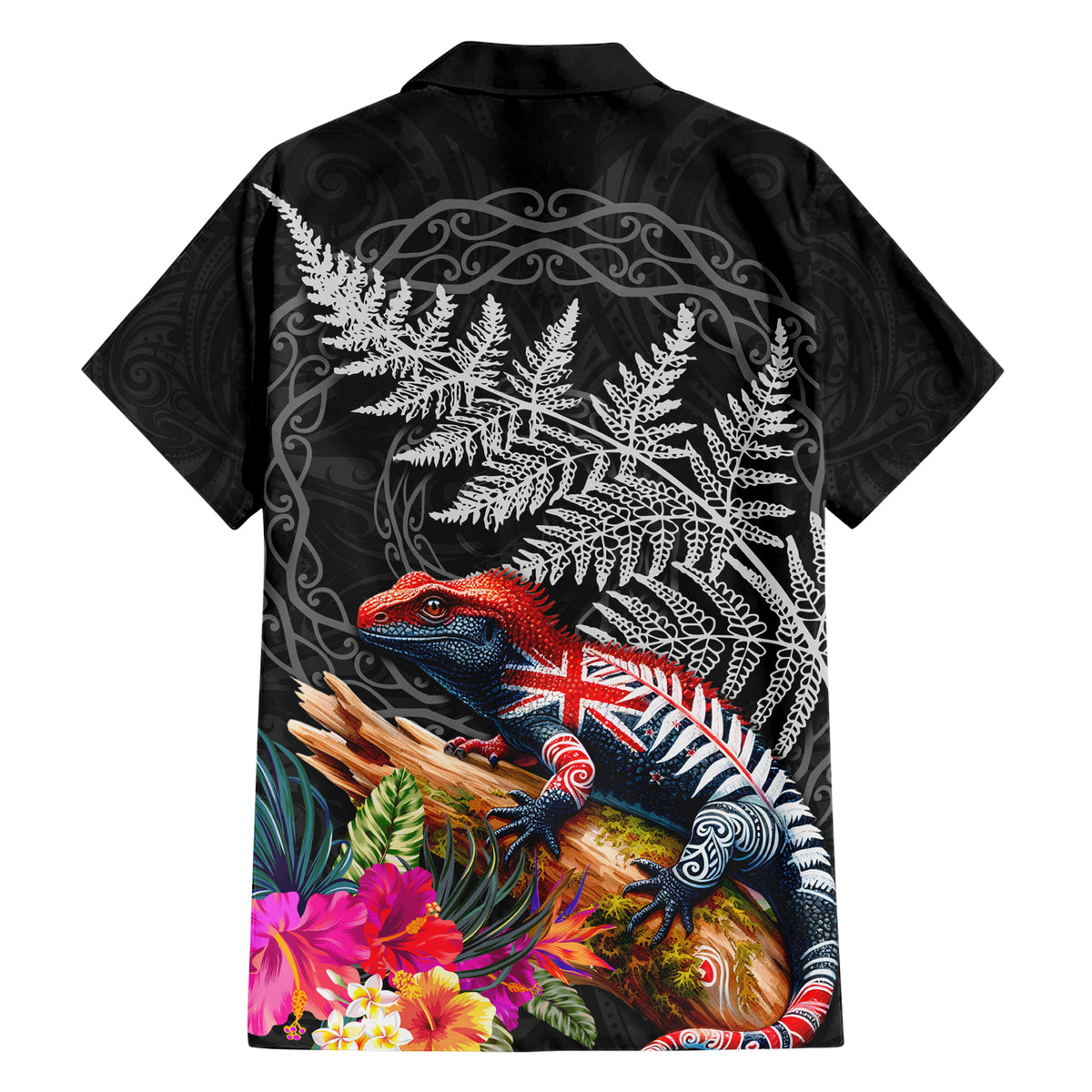 New Zealand Tuatara Family Matching Short Sleeve Bodycon Dress and Hawaiian Shirt Silver Fern Hibiscus and Tribal Maori Pattern Black Color LT03 - Polynesian Pride