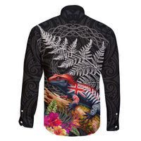 New Zealand Tuatara Family Matching Short Sleeve Bodycon Dress and Hawaiian Shirt Silver Fern Hibiscus and Tribal Maori Pattern Black Color LT03 - Polynesian Pride