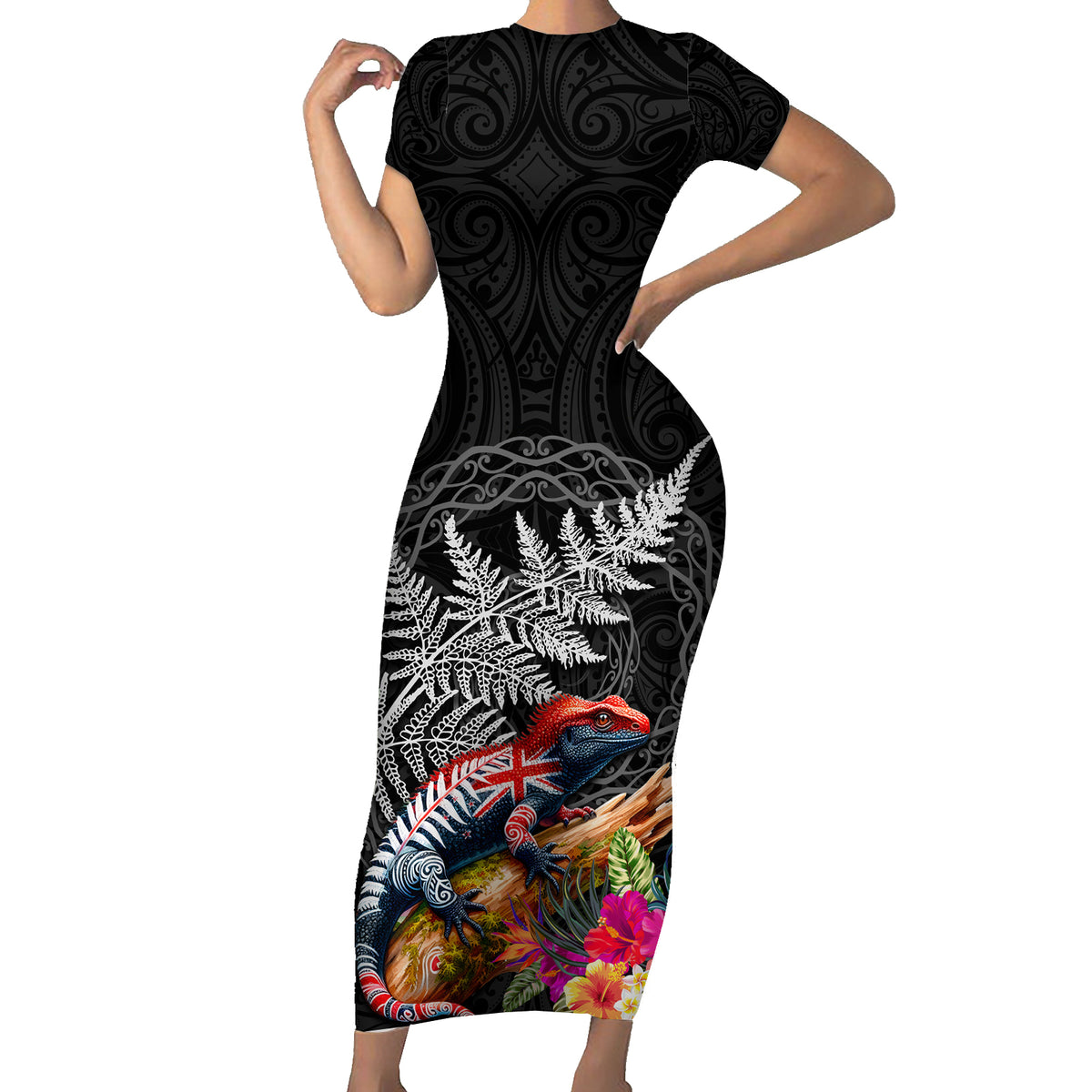New Zealand Tuatara Family Matching Short Sleeve Bodycon Dress and Hawaiian Shirt Silver Fern Hibiscus and Tribal Maori Pattern Black Color LT03 Mom's Dress Black - Polynesian Pride
