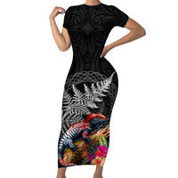 New Zealand Tuatara Family Matching Short Sleeve Bodycon Dress and Hawaiian Shirt Silver Fern Hibiscus and Tribal Maori Pattern Black Color LT03 Mom's Dress Black - Polynesian Pride