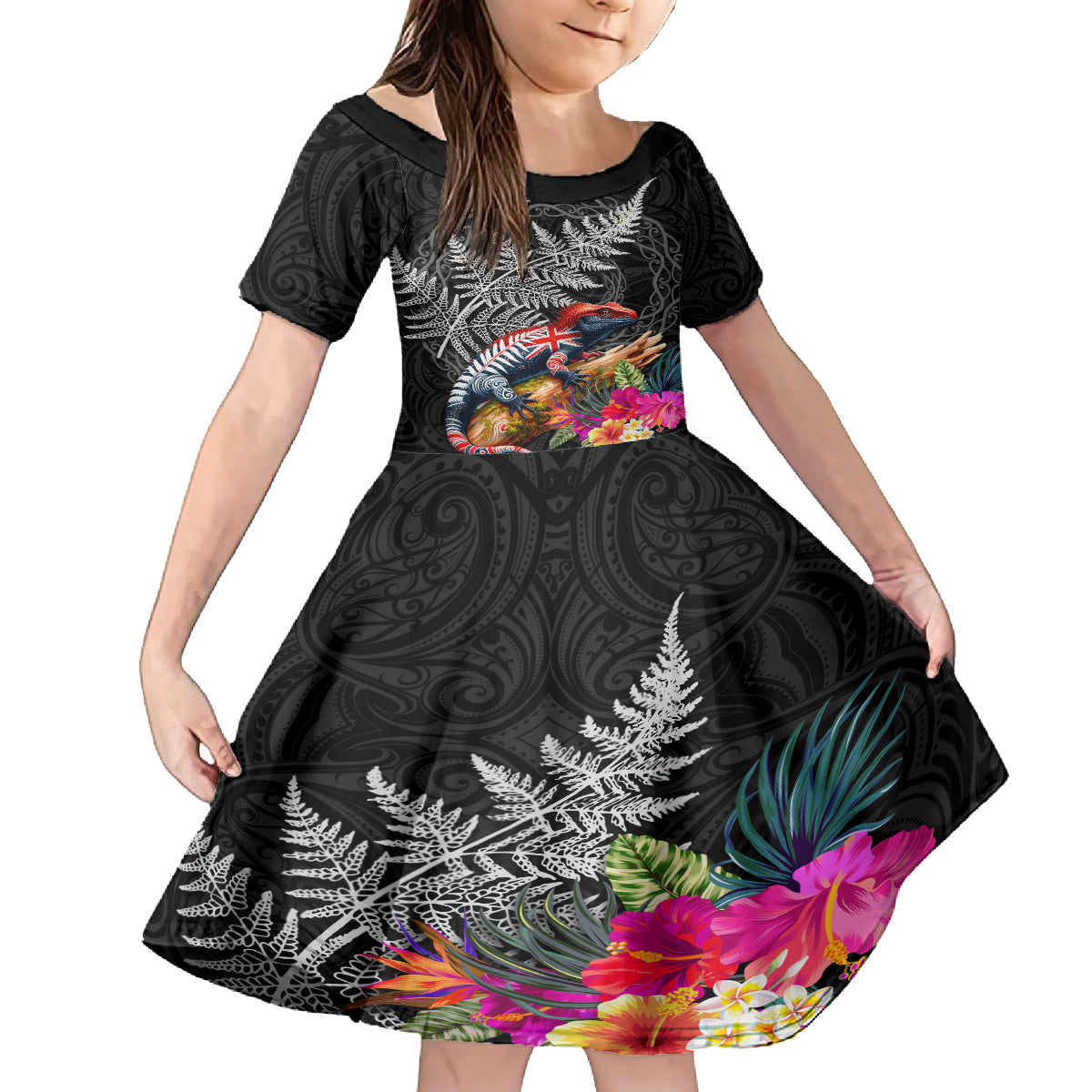 New Zealand Tuatara Family Matching Summer Maxi Dress and Hawaiian Shirt Silver Fern Hibiscus and Tribal Maori Pattern Black Color LT03 Daughter's Dress Black - Polynesian Pride
