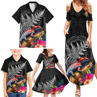 New Zealand Tuatara Family Matching Summer Maxi Dress and Hawaiian Shirt Silver Fern Hibiscus and Tribal Maori Pattern Black Color LT03 - Polynesian Pride