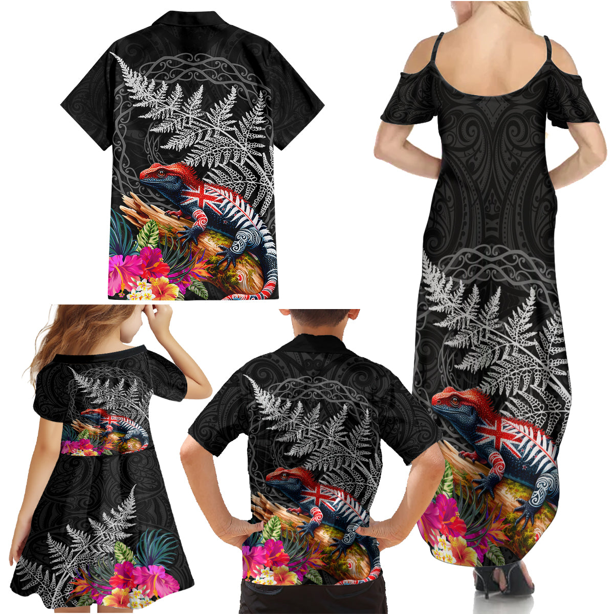 New Zealand Tuatara Family Matching Summer Maxi Dress and Hawaiian Shirt Silver Fern Hibiscus and Tribal Maori Pattern Black Color LT03 - Polynesian Pride