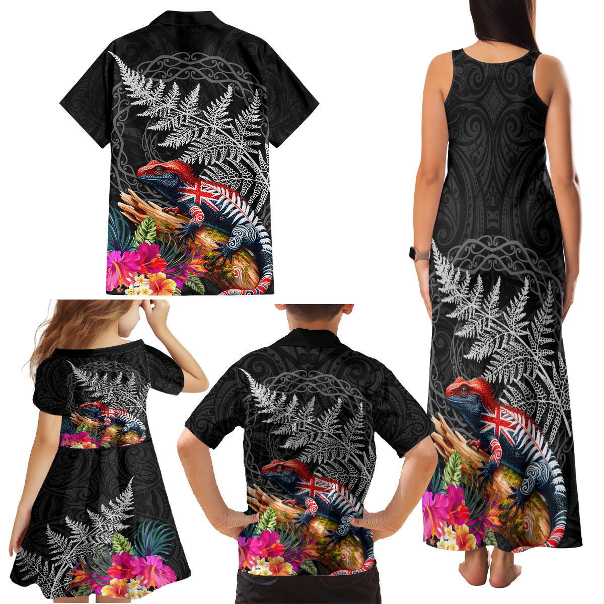New Zealand Tuatara Family Matching Tank Maxi Dress and Hawaiian Shirt Silver Fern Hibiscus and Tribal Maori Pattern Black Color LT03 - Polynesian Pride